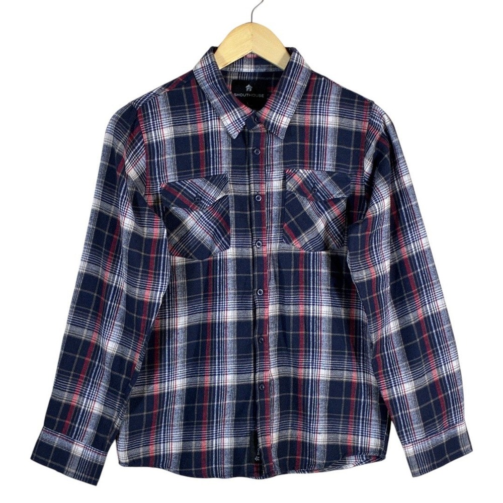 Shouthouse Plaid Flannel Button Down Shirt Navy Red White Grunge Casual Size L